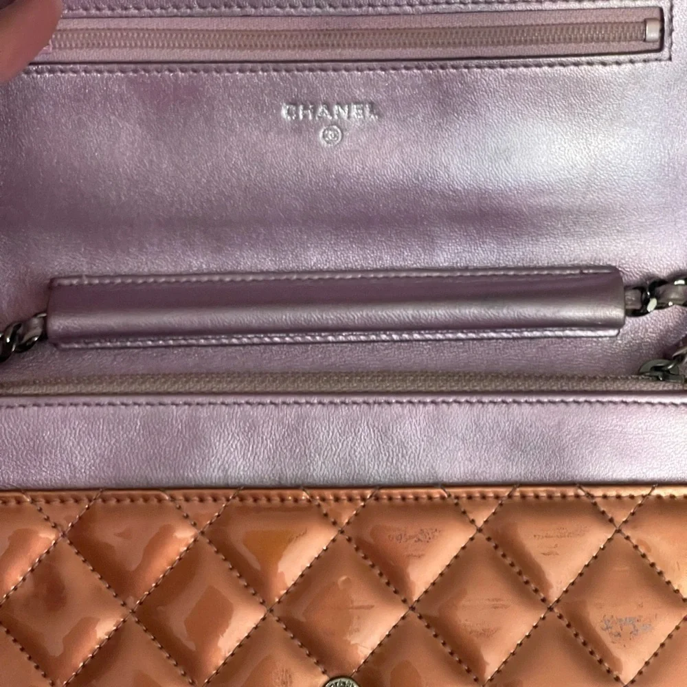 Chanel patent leather pink wallet on chain bag
